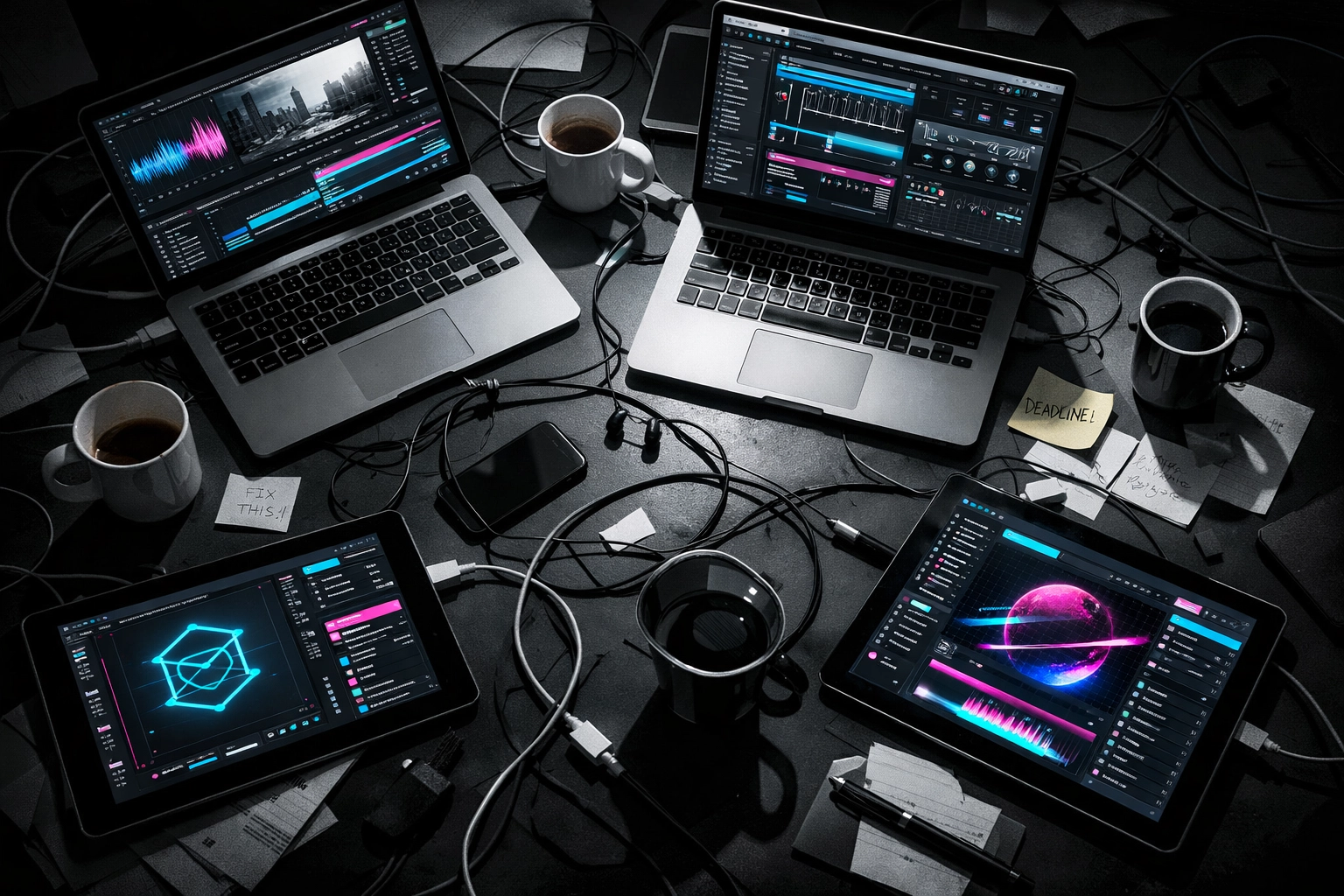 Cluttered workspace with multiple devices running different creative software simultaneously